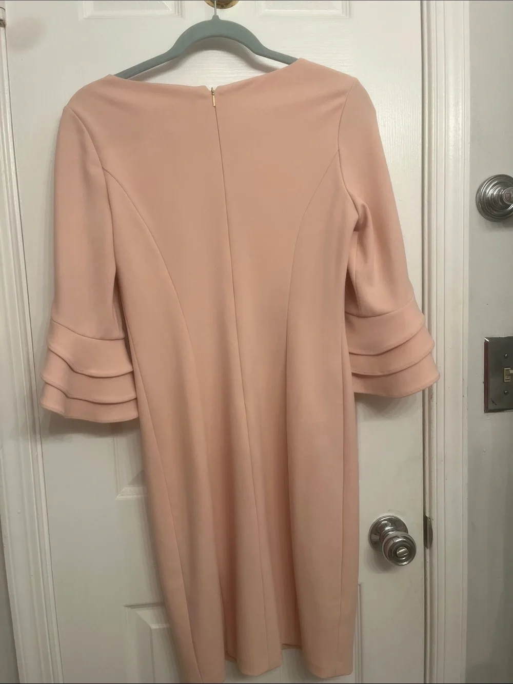DKNY Soft Pink Midi Sheath Dress with Tiered Ruffle Sleeves